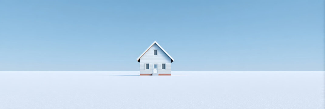 Minimalist white house stands alone in snowy winter landscape. simple home architecture under clear blue sky, creating serene mood of peaceful solitude