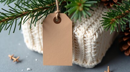 A blank brown tag hangs on a knitted gift, surrounded by evergreen branches and pine cones, creating a cozy Christmas scene.