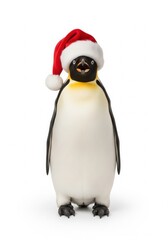 Fototapeta premium Emperor penguin wearing a red Santa hat on an Isolated white background