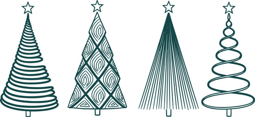 Stylized Christmas tree vector set, holiday decoration design, festive abstract pine illustration, modern seasonal artwork, winter celebration graphic, cad drawing flat vector illustration