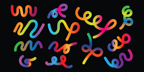 Colorful Rainbow Gradient Wave Line Shapes. Abstract Squiggle Ribbons Graphic Elements for Poster Template and Digital Art.