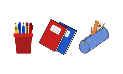 Trendy Colorful Stationery Cup With Pens and Notebooks on Transparent Background Illustration Vector. Modern school stationery illustration featuring pens in cup and notebooks, great for classroom ...