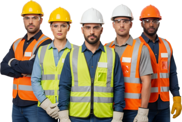 A diverse group of five construction workers three men and two women wearing safety hard hats safety glasses and high visibility vests