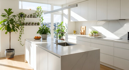 Serene modern kitchen design with pastel cabinets and fresh plants