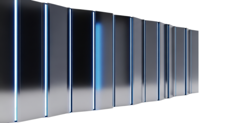 Highly polished metallic silver panels with glowing electric blue lines forming a sleek modular architectural room divider against a transparent studio background, futuristic design concept