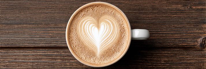 Loving top view of fresh coffee latte art heart design in white cup. This warm cappuccino drink on dark wood background offers moment of cozy comfort