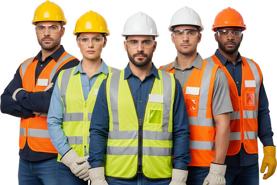 A diverse group of five construction workers three men and two women wearing safety hard hats safety glasses and high visibility vests