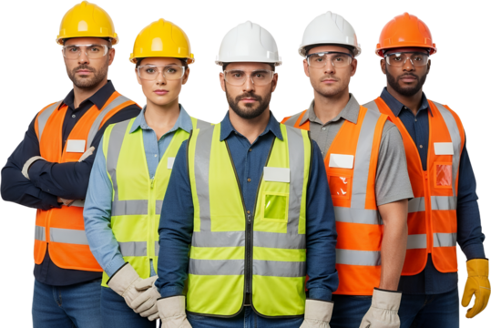 A diverse group of five construction workers three men and two women wearing safety hard hats safety glasses and high visibility vests
