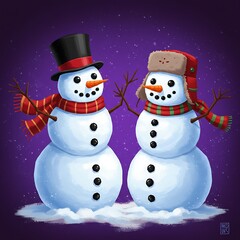 Charming snowmen friends sharing winter joy in festive scarves and hats, perfect for holiday greetings