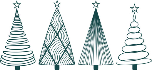 Stylized Christmas tree vector set, holiday decoration design, festive abstract pine illustration, modern seasonal artwork, winter celebration graphic, cad drawing flat vector illustration