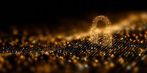 Glowing digital particles form a padlock shape over a dark, undulating field of light points