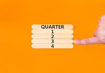 3rd third quarter 3 symbol. Concept word Quarter 3 on beautiful wooden sticks. Beautiful orange background. Businessman's hand. Business, happy 3rd third quarter 3 Q3 concept. Copy space.