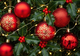 Festive red ornaments and twinkling lights adorn a green christmas tree