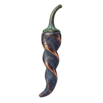 Aged, mystical twisted chili pepper sculpture of oxidized copper with indigo patina, bronze stem, isolated on transparent background, copy space, soft studio light. Ancient talisman concept