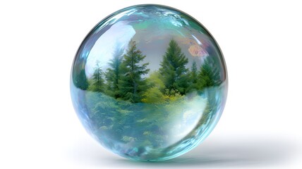 Crystal ball containing a miniature forest ecosystem, symbolizing environmental conservation and a fragile future, isolated on a white background

