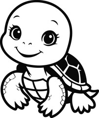 Cute baby turtle with heart shape shell, black and white minimalist vector, kids-friendly style