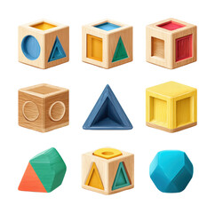 Colorful wooden shape blocks playroom educational toy top view isolated on transparent background