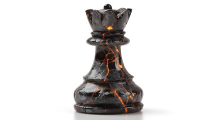 A powerful queen chess piece made of cracked obsidian with glowing lava, symbolizing strategy and power, isolated on a white background
