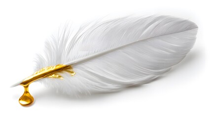 A pristine white feather with its tip dipped in liquid gold, symbolizing luxury writing and valuable ideas, isolated on a white background
