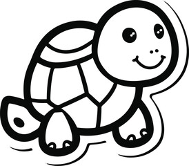 Cute cartoon turtle outline, black line on white background, minimalist vector for kids or sticker use