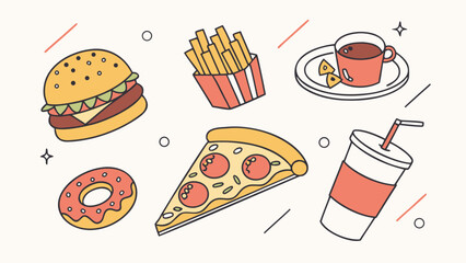 Food .and drinks vector set with burger, coffee, pizza, and dessert items