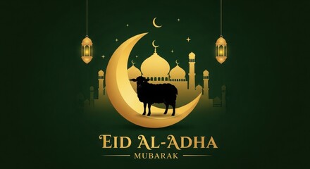 Eid Al-Adha Mubarak with Sheep in Golden Crescent. Islamic Festive Scene with Mosque and Lanterns. Serene Dark Green and Gold Holiday Composition.