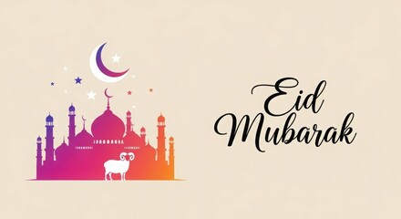 Minimalist Vector Eid Mubarak Mosque Illustration. Vibrant Gradient Mosque Silhouette with Crescent Moon. Pink Purple Orange Flat Design for Islamic Holiday.