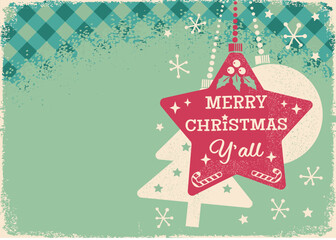 Vintage Christmas illustration with red star ornament with the phrase “Merry Christmas Y’all,” hanging over a stylized Christmas tree and snowflakes on a mint green old paper texture background