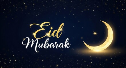 Fototapeta premium Golden Crescent Moon with Eid Mubarak Calligraphy. Serene Starry Night Sky for Islamic Celebration. Elegant Eid Greeting in Shimmering Golden Script.