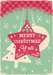 Vintage Christmas illustration with red star ornament with the phrase “Merry Christmas Y’all,” hanging over a stylized Christmas tree and snowflakes on a mint green old paper texture background