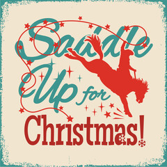 Cowboy Christmas vector vintage illustration with rodeo Cowboy riding wild horse silhouette on old paper background with winter Howdy holiday text. Saddle up for Christmas rodeo
