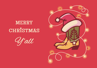 Cowboy Christmas card vector illustration with Cowboy boots and Santa hat decorated lights on red paper background with winter holiday Christmas text. Howdy Christmas rodeo illustration with lighting 