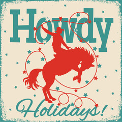 Cowboy Christmas vintage vector illustration with rodeo Cowboy riding wild horse silhouette on old paper background with winter Howdy holiday text. Howdy Christmas rodeo printable hand drawn illustrat