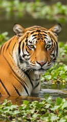Obraz premium Photorealistic Bengal Tiger in Aquatic Environment. Powerful Tiger Focus with Golden Eyes and Stripes. Close-Up of Wild Tiger in Natural Habitat.