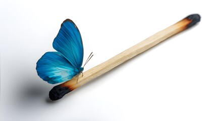 A vibrant blue butterfly on a burnt matchstick, symbolizing hope, transformation, and rebirth from the ashes, isolated on a white background
