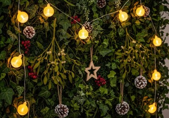 Warm christmas tree lights and natural ornaments create festive ambiance
