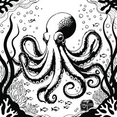 Octopus with coral and bubbles, fine line details, marine life composition, clean vector contour
