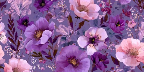 Seamless botanical pattern displays large and small flowers in various shades of purple and soft pink across a muted lilac ground