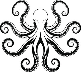 Octopus with flowing tentacles, elegant thin black lines, balanced composition, minimal vector art on white 1