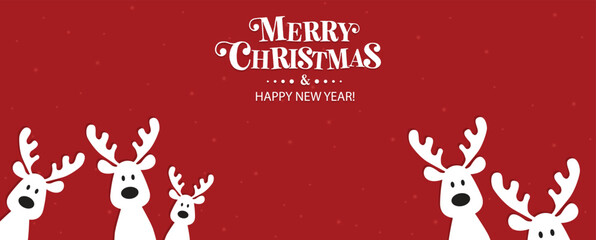 Cute Christmas reindeer on a red background. Christmas background, banner, or card. Merry Christmas text.