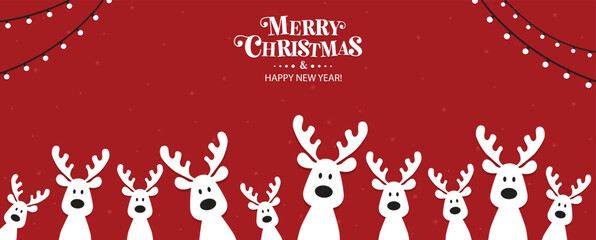 Cute Christmas reindeer on a red background. Christmas background, banner, or card. Merry Christmas text.