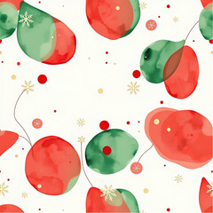 Watercolored, minimal, seamless, abstract Christmas wallpaper, shapes in red,  and green, with metallic gold accents.eps