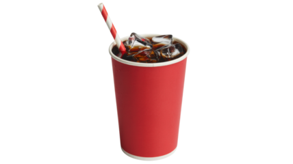 Iced Cola in Red Paper Cup with Striped Straw for Refreshing Drink and Summer Beverage