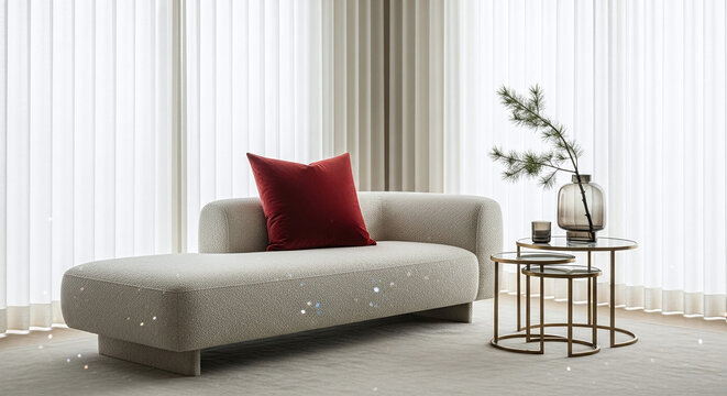 A calm and elegant living room designed in muted sage tones, featuring a minimalist sofa, red accent cushion, and natural light. Perfect for modern and relaxing interiors.