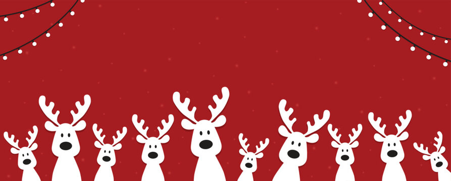 Cute Christmas reindeer on a red background. Christmas background, banner, or card. New trending vector illustration.