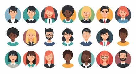 Diverse collection of stylized human portraits in circular frames, representing various individuals.