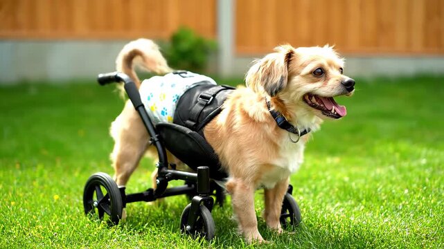 Happy disabled dog is joyfully embracing life with the help of a custom wheelchair. The small pet, with a diaper on, is contentedly standing on the grass
