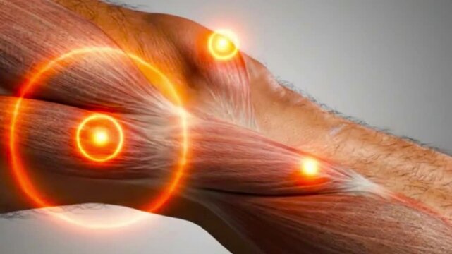 Close up of arm with glowing circles indicating pain points on muscle tissue and skin surface area