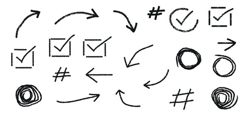 Hand drawn arrows checkmarks hashtags and circles sketch elements