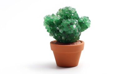 Small decorative cactus plant made of green emerald crystals in a terracotta pot, isolated on a white background
